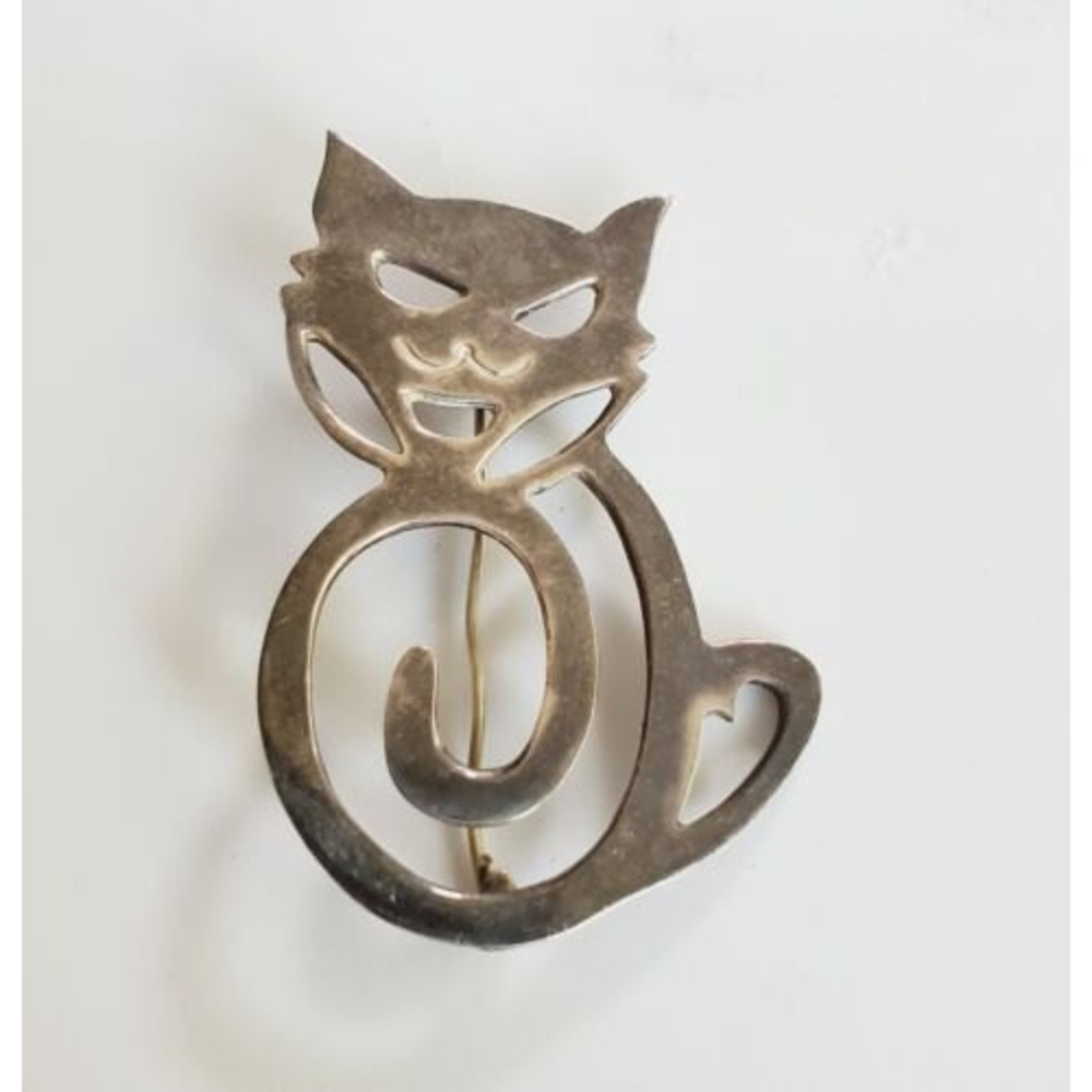 VINTAGE Taxco Mexico Cat Solid Sterling Silver Modernist Cut Out Brooch Pin